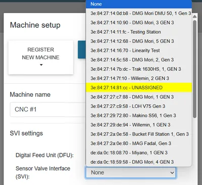 Machine register screen
